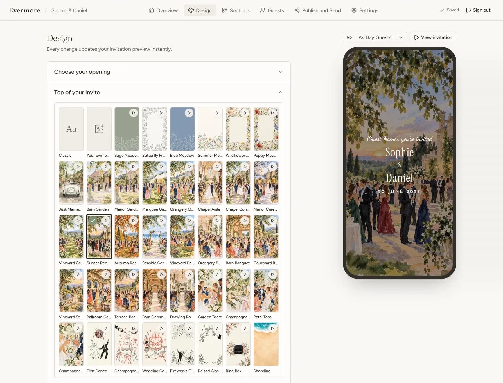 The Evermore design editor: every film for the top of the invite in a grid, beside a live phone preview of Sophie and Daniel's invitation over a sunset reception