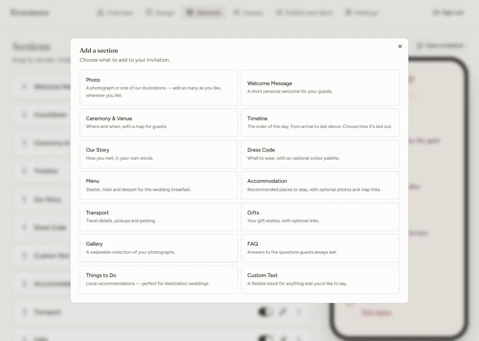 The Add a section dialog listing Photo, Welcome Message, Ceremony & Venue, Timeline, Our Story, Dress Code, Menu, Accommodation and more.