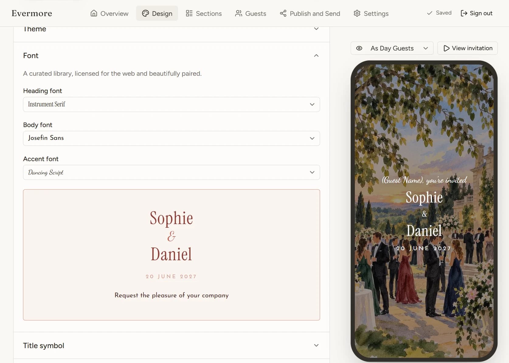 The Font panel with Instrument Serif, Josefin Sans and Dancing Script selected, and a sample reading Sophie & Daniel, 20 June 2027.