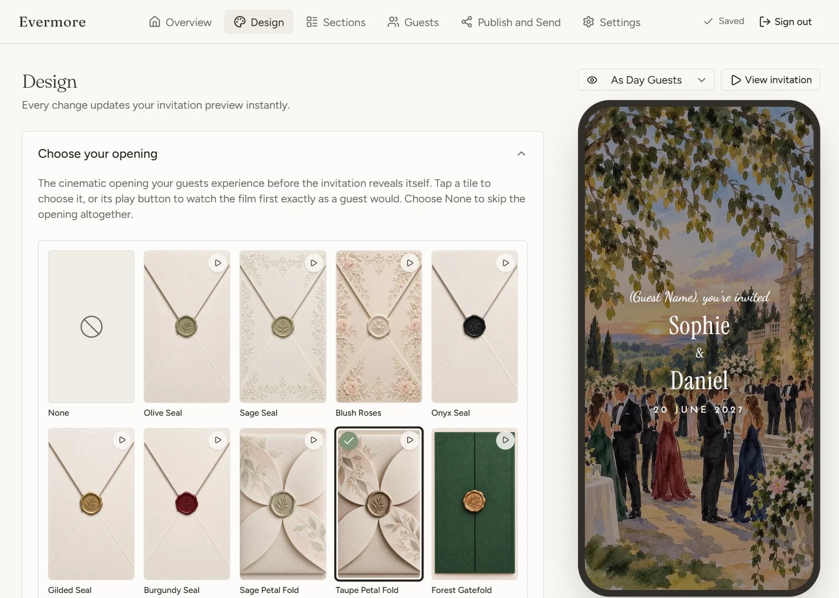 The Design tab with a grid of envelope openings. Taupe Petal Fold is selected, beside a phone preview of Sophie and Daniel's invitation.