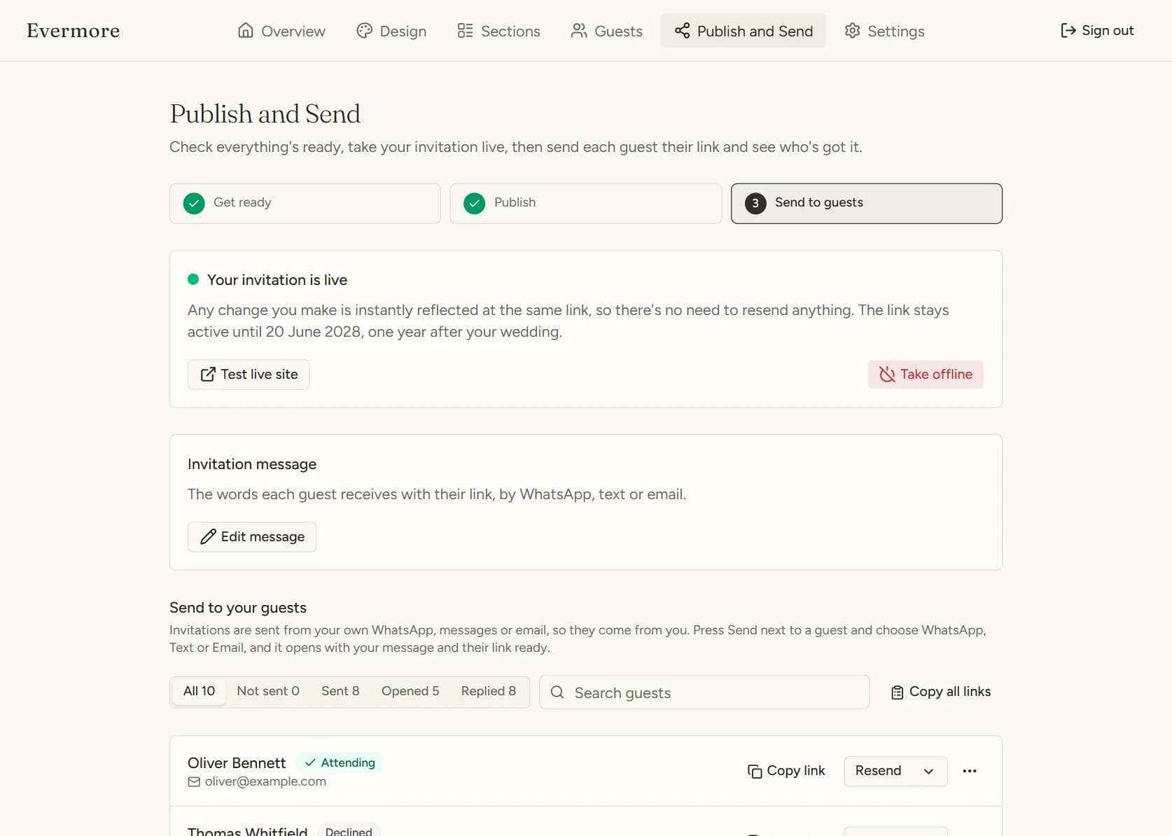Publish and Send: the invitation is live, with an invitation message to edit and a send list for Sophie and Daniel's guests.