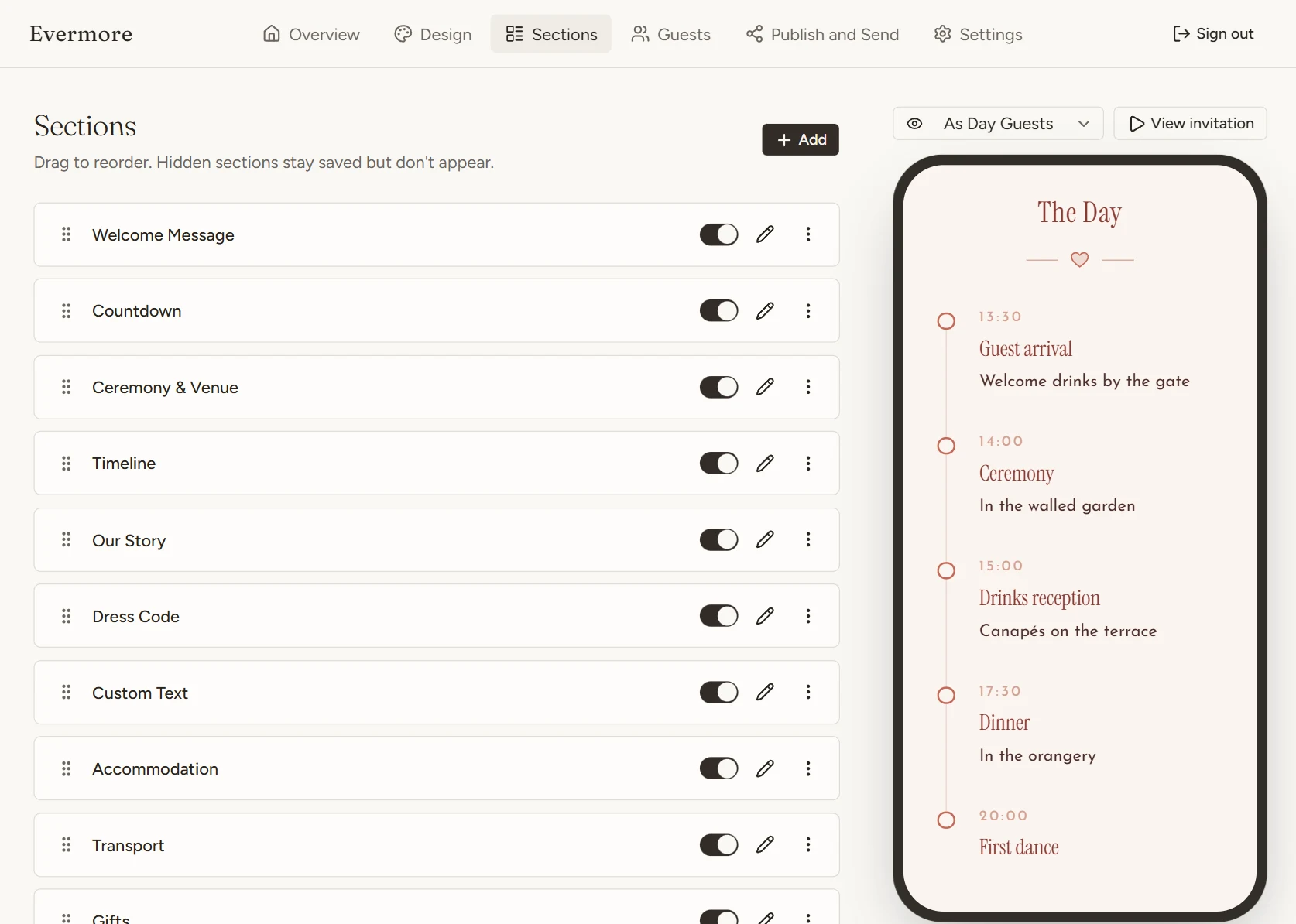 The Sections list — Welcome Message, Countdown, Ceremony & Venue, Timeline and more — beside a phone preview of Sophie and Daniel's order of the day.