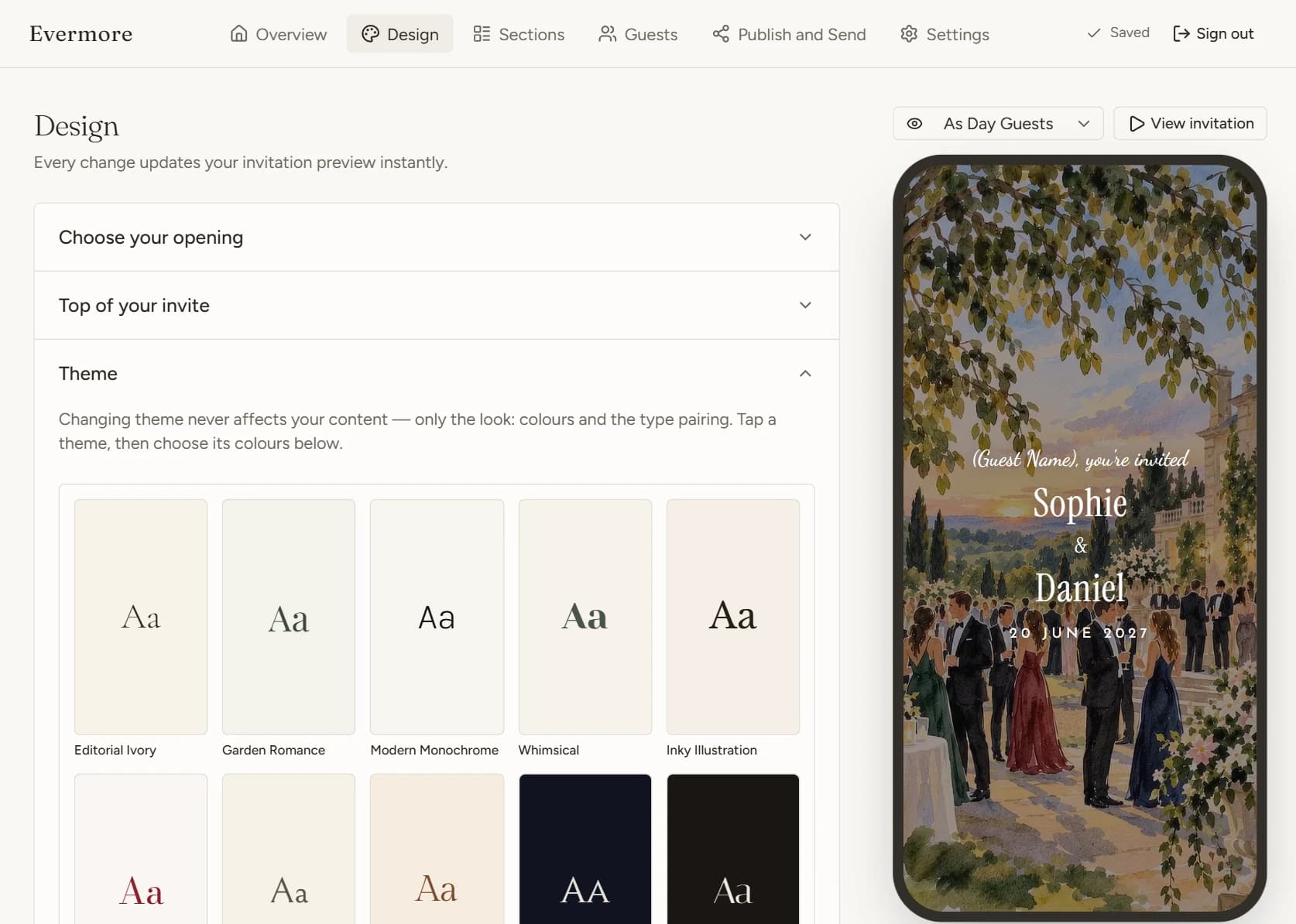 The Theme panel: a grid of colour-and-type tiles including Editorial Ivory, Garden Romance, Modern Monochrome, Whimsical and Inky Illustration.