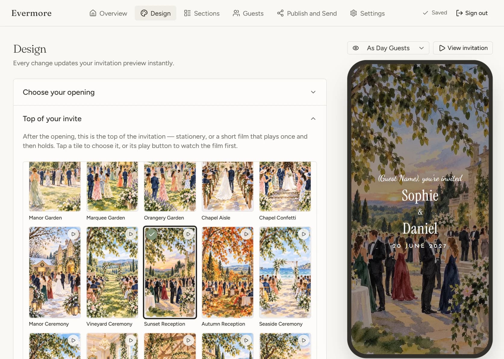 The top-of-invite gallery with Sunset Reception selected, beside a phone preview showing Sophie and Daniel's names over the painted film.